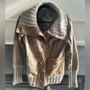 Mackage Brown Lamb Leather Wool Full Zip Knit Trim Bomber Jacket Womens Small